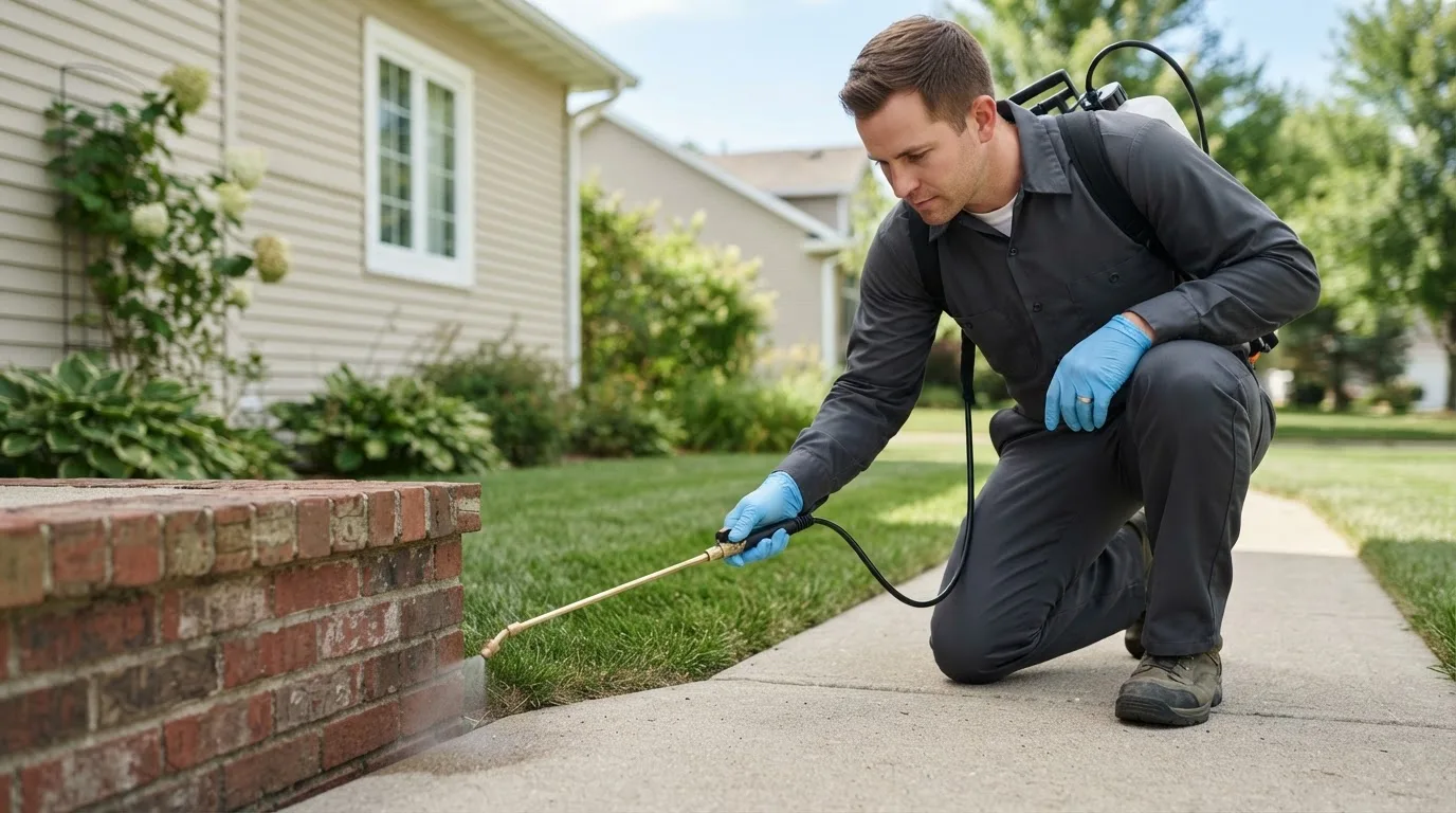 Pest control technician treating a home near Normalville, PA