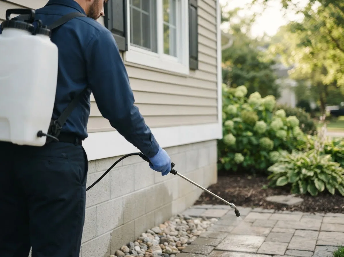 Pest control technician inspecting a home in Normalville, PA